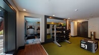 Located at 1202 Crescent Dr in Tarrytown, NY, this modern fitness center is designed to accommodate a comprehensive range of workout needs within a single-floor facility. The space is thoughtfully organized into distinct training zones, each tailored to a specific type of exercise.

The cardio area features a row of True-brand treadmills positioned beneath wall-mounted flat-screen TVs, making it easy to stay entertained during longer sessions. Exposed gold ductwork runs along the ceiling, giving the space a contemporary industrial aesthetic complemented by recessed lighting throughout.

Adjacent to the cardio zone, a dedicated strength training area houses a multi-functional cable machine, weight bench, and an assortment of additional resistance equipment. Large mirrors with dark framing line the walls, visually expanding the space and allowing users to monitor their form.

A functional training zone features green turf flooring, a rack of dumbbells, kettlebells, medicine balls, and a plyo box — ideal for dynamic and high-intensity workouts. Hardwood-style flooring in the free weight area adds warmth and contrast to the turf surfaces.

Natural light filters in through glass doors that open to an outdoor area with greenery visible beyond, enhancing the overall atmosphere. The patterned carpet in the main corridors and lounge area adds a polished, welcoming feel to the facility as a whole.