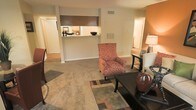 This single-story space features an open-concept layout that connects the living area to the kitchen through a convenient pass-through counter, enhancing the sense of flow between rooms. The living area is finished with wall-to-wall carpeting and anchored by a patterned area rug, creating a comfortable and inviting atmosphere. Warm neutral wall tones are accented by a bold terracotta-orange feature wall, adding visual depth and character to the space. The pass-through kitchen counter provides a functional serving and prep surface while maintaining visual connectivity to the living area. Overhead, a ceiling vent ensures consistent climate control throughout. A hallway visible in the background suggests additional rooms beyond the main living space, offering practical separation of living and private areas. The layout is well-suited for everyday living, with ample room for seating arrangements centered around a dark wood coffee table. Overall, the space combines functional design with warm, earthy tones to create a cozy and cohesive interior environment.