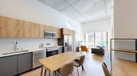 This contemporary 640 square foot apartment in TENTEN Downtown offers a harmonious blend of urban living and modern design. The open-concept layout maximizes space efficiency, featuring a single bedroom, bathroom, and integrated living areas. The kitchen showcases a sleek design with stainless steel appliances, light wood cabinetry, and a convenient dining area. The bathroom boasts a glass-enclosed shower and modern fixtures, emphasizing cleanliness and simplicity. The bedroom, measuring 140 square feet, includes built-in storage and large windows providing city views. Throughout the apartment, industrial-chic elements such as exposed concrete ceilings and walls contrast with warm wood flooring, creating a sophisticated urban aesthetic. High ceilings and ample natural light enhance the sense of spaciousness, while thoughtfully placed furniture and storage solutions maximize functionality in this compact yet stylish downtown residence.