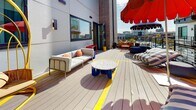 This striking outdoor terrace in Richmond, VA's 23230 district is a thoughtfully designed communal space that combines playful aesthetics with functional outdoor living. Set on a single level, the deck features composite wood planking accented with bold yellow striping, creating a dynamic visual framework that defines distinct seating zones throughout the space.

The terrace is furnished with an eclectic, design-forward collection of pieces, including standout yellow arched swing chairs with cushioned rattan seats, offering a whimsical yet comfortable lounging experience. Multiple seating arrangements are distributed across the deck, featuring contemporary sofas in neutral tones paired with vibrant accent pillows, colorful ottomans in blue and orange, and terrazzo-topped coffee tables with sculptural bases.

Overhead, striped canopy umbrellas in black-and-white and bold red provide shade and visual interest. The terrace is surrounded by multi-story residential buildings with private balconies and large-pane windows, creating an intimate courtyard feel while still opening to panoramic views of the Richmond skyline. The overall ambiance is lively and resort-inspired, encouraging outdoor relaxation and social interaction throughout the day.