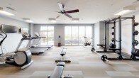 This fitness center is thoughtfully designed to accommodate a wide range of workout preferences and training styles. The space is organized into distinct functional zones, each outfitted with professional-grade equipment to support diverse fitness routines.

The cardio area features multiple treadmills and an elliptical trainer, each paired with a wall-mounted flat-screen television for entertainment during workouts. Floor-to-ceiling windows line one wall, flooding the space with natural light and offering open views to the outdoors, creating an energizing atmosphere.

The strength training zone is anchored by a full power rack loaded with weight plates and a barbell, alongside a cable machine for versatile resistance training. A flat bench provides additional functionality for a variety of lifts and exercises.

The functional fitness area is well-stocked with a complete dumbbell rack, kettlebells, medicine balls of varying weights, and stability balls, all neatly organized on dedicated storage racks. A ceiling fan overhead ensures comfortable airflow throughout this zone.

Underfoot, durable patterned carpet tile flooring spans the entire facility, providing cushioning and traction. Recessed and flush-mounted ceiling lights keep the space bright and evenly illuminated throughout. The overall design is clean, modern, and neutral in palette, with gray-toned walls contributing to a focused and professional workout environment.