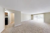 Located at 508 Ivy Ridge Rd in Syracuse, NY, this single-floor residence offers a practical and well-organized layout encompassing one bedroom, two bathrooms, a den, and a kitchen. The expansive living area is finished with neutral-toned carpeting and warm beige walls, creating a clean and open atmosphere. A wall-mounted air conditioning unit and baseboard heating system ensure year-round comfort. Large vertical-blind-covered sliding doors and windows invite natural light throughout the space and provide views of the surrounding neighborhood. The generously sized primary bedroom includes its own wall A/C unit and baseboard heater, offering independent climate control. The bathrooms are well-appointed — one features a granite-topped vanity with warm wood cabinetry, vinyl plank flooring, and convenient open shelving, while the second includes a full tub and shower combo. The kitchen is efficiently designed and connects seamlessly to the main living area. Two closets provide ample storage, and the den offers additional flexible space suitable for a home office or secondary lounge. The neutral color palette and carpeted floors throughout contribute to a cohesive, comfortable living environment.