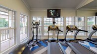 This fitness center is designed to support a comprehensive workout experience within a single, thoughtfully arranged space. The room is characterized by its tall ceilings with crown molding and an abundance of natural light streaming through large windows that line the walls, offering outdoor views and creating an open, airy atmosphere. Recessed lighting and wall-mounted televisions add functionality throughout.

The cardio section features multiple treadmills and an elliptical trainer positioned along the windowed walls, each equipped with individual monitors for entertainment during workouts. A multi-station cable machine serves as a centerpiece for strength training, complemented by a full dumbbell rack offering a wide range of weights. Free weight accessories are further expanded with a dedicated rack holding an assortment of kettlebells and medicine balls in varying weights, catering to diverse training styles.

Floor-to-ceiling mirrors on one wall visually expand the space and assist users with form. The bold, geometric herringbone-patterned carpet in blue, gray, and white tones adds a modern, energetic aesthetic to the room. Motivational fitness photography decorates the upper walls, contributing to the gym's active ambiance. The overall layout is efficient and well-organized, providing users with a full range of equipment in a comfortable environment.
