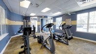This fitness center offers a comprehensive workout environment designed to accommodate a range of exercise needs. The space is characterized by bold navy blue and gold-striped walls that lend it a distinctive, energetic aesthetic, complemented by neutral-toned flooring that extends throughout the room. A drop ceiling with recessed fluorescent panel lighting ensures consistent, even illumination across the entire area, while a ceiling fan promotes air circulation during workouts.

Natural light filters in through multiple windows along the exterior wall, creating a welcoming atmosphere. The cardio section is well-stocked with treadmills, elliptical trainers, and stationary cycling machines, providing ample options for aerobic exercise. A dedicated strength training area features a multi-function cable machine and additional resistance equipment. A separate adjoining room visible through glass-paneled doors appears to serve as a stretching or flexibility area, with exercise balls and open floor space available for low-impact activities. Posted fitness center rules are displayed on the wall, ensuring clear guidance for users. Overall, the space is organized, functional, and thoughtfully arranged to support a complete fitness routine.