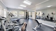 Located at 2670 Dry Pocket Rd in Greer, SC, this fitness center offers a well-organized, single-floor workout facility designed to accommodate a variety of exercise routines. The space is finished with soft gray walls, white crown molding, and a durable dark rubberized floor, creating a clean and functional aesthetic throughout.

Natural light fills the room through multiple arched windows fitted with white blinds, complemented by overhead fluorescent panel lighting that ensures the space remains bright at all times. A full-length wall mirror amplifies the sense of space and allows users to monitor their form during workouts.

The cardio section is well-equipped with Precor elliptical trainers, treadmills, and a stationary upright bike, all positioned to face the windows for an engaging workout experience. A recumbent bike provides a lower-impact cardio option. On the strength training side, a multi-station cable machine offers a range of resistance exercises, while a dedicated free weights area features a tiered dumbbell rack with an adjustable weight bench by Hoist.

Elegant French doors with arched transom windows serve as the main entrance, adding a refined architectural touch to the utilitarian space. A water cooler is conveniently positioned near the free weights area. The overall ambiance is tidy, well-lit, and purpose-built for effective fitness training.