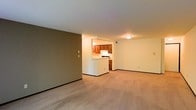 This single-floor residential unit offers a practical and functional layout designed to maximize open living space. The living area is generously sized, featuring wall-to-wall carpeting in a neutral tone that adds warmth underfoot and contributes to a cozy atmosphere throughout. The walls are painted in soft, neutral hues — a combination of warm beige and taupe — creating a calm and inviting ambiance.

The kitchen is positioned centrally and opens to the main living space via a pass-through counter, which enhances the sense of openness and allows for easy interaction between the kitchen and living areas. The kitchen is equipped with warm wood-toned cabinetry providing ample storage, a white range, and additional base cabinetry. Flush-mounted ceiling lighting illuminates both the kitchen and the adjoining spaces effectively.

The open floor plan creates a seamless flow between the kitchen and the broader living area, making the space feel airy and versatile. Dark baseboards provide a subtle contrast to the light-colored walls and carpet, adding a touch of definition to the room's lines. The layout is well-suited for everyday living, offering a straightforward and efficient use of space throughout the single level.