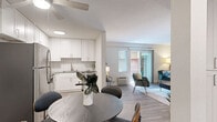 Located in La Mesa, California, this thoughtfully designed one-bedroom, one-bathroom residence offers a cohesive and functional single-floor layout. The open-concept living and dining area is anchored by light wood-style flooring and a ceiling fan, creating an airy, connected feel. Large sliding glass doors lead to a private patio, allowing natural light to pour into the space and offering a seamless indoor-outdoor transition.

The kitchen is outfitted with crisp white shaker cabinets, a classic tile backsplash, stainless steel appliances — including a refrigerator, range, microwave, and dishwasher — and ample counter space, making it both stylish and practical.

The living room provides a comfortable retreat with neutral tones, warm lighting, and enough space to accommodate a full seating arrangement. A connecting hallway leads to the generously sized primary bedroom, which features plush carpet flooring, a floor-to-ceiling mirrored sliding closet, and a soft, restful ambiance. The bathroom is clean and simply appointed with a shower/tub combination.

Throughout the residence, a consistent neutral color palette and modern finishes create a cohesive, contemporary aesthetic well-suited to everyday living in Southern California.