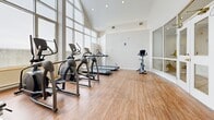 Located at 171 Lees Ave in Ottawa's vibrant Glebe neighbourhood, this fitness facility offers a well-appointed exercise space thoughtfully divided into distinct functional zones. The main area is defined by soaring vaulted ceilings and an expansive floor-to-ceiling window wall that floods the room with natural light and provides open views of the surrounding cityscape. Warm hardwood-style flooring runs throughout, lending a clean and inviting atmosphere to the space.

The cardio zone is generously equipped with multiple elliptical trainers, treadmills, and a stationary bike, all positioned to take full advantage of the bright, window-lined wall. An elegant arched passageway connects this primary area to a secondary strength training section, which features a multi-function cable machine, an adjustable weight bench, dumbbells, and additional resistance equipment. This secondary room transitions to a lower ceiling with recessed panel lighting, offering a more focused environment for strength-based workouts.

Glass-panel partitions and interior doors add architectural interest while maintaining an open, airy feel across both zones. The facility's thoughtful layout, abundant natural light, and comprehensive equipment selection make it a functional and comfortable space for a full range of fitness activities.