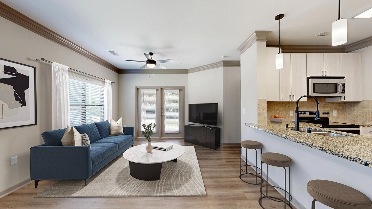 Sala de estar recientemente renovada con hermosos pisos estilo madera noble - Avenues at Craig Ranch Apartments