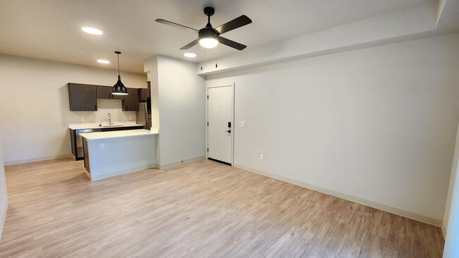 1x1: D-201 Living Room, Entry, & Kitchen - The Vicara Apartments & Townhomes