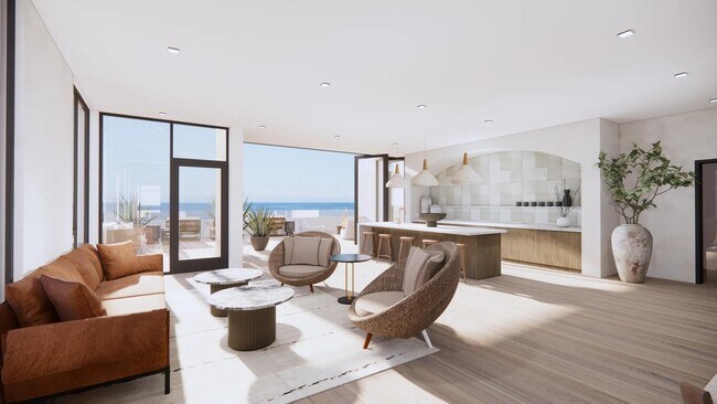 Sky lounge con comedor privado y terraza en la azotea con vistas panorámicas al mar. - Modera Revere Beach