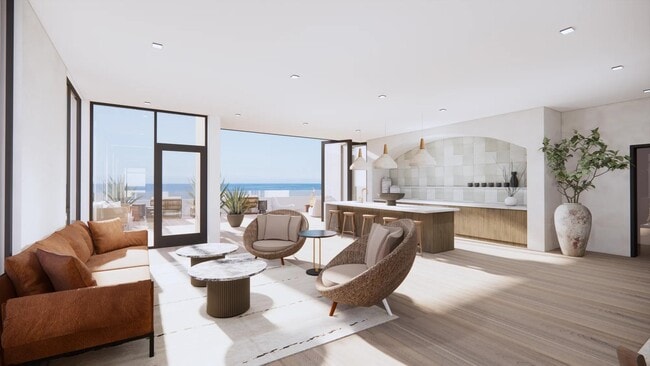 Sky lounge with private dining space and rooftop terrace with panoramic ocean views. - Modera Revere Beach