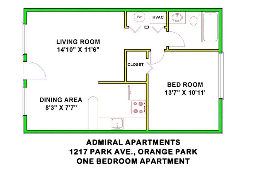 One Bedroom Apartment Floor Plan - Admiral Apartments