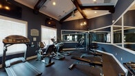 This fitness center combines a polished aesthetic with comprehensive workout offerings. The space is defined by its vaulted ceiling adorned with prominent dark wood beams, creating a sense of height and architectural character. Deep navy walls trimmed in crisp white crown molding and chair rail detailing lend the room a refined, upscale ambiance, while elegant chandelier and sconce lighting add a stylish touch uncommon in typical fitness facilities.

The flooring throughout is durable rubber gym matting, providing both safety and comfort underfoot. A large mirrored wall section visually expands the space and allows users to monitor their form during exercise. Natural light filters in through several windows fitted with blinds, supplementing the recessed and decorative lighting overhead.

The equipment selection is thorough, encompassing multiple treadmills, elliptical trainers, and a stationary cycle for cardiovascular training. A multi-function cable and weight machine anchors the strength-training zone, while a tiered dumbbell rack stocked with a full range of free weights and an adjustable workout bench provide versatile resistance training options. Entry is provided through a classic white-framed French door, reinforcing the space's blend of functionality and elevated design.
