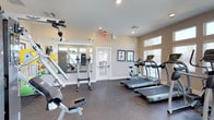 This fitness center is designed to provide a comprehensive exercise environment within a single-level layout. The space features a durable speckled rubber flooring that offers both traction and cushioning, ideal for high-impact workouts. A row of treadmills lines one side of the room, providing ample cardio options with enough spacing between machines for comfortable use.

On the opposite side, a full-length mirrored wall visually expands the room while allowing users to monitor their form during strength training. Free weights, a weight bench, and additional resistance equipment are positioned near the mirrors, creating a dedicated strength training zone. Fitness accessories such as exercise balls are also available.

Natural light filters in through multiple windows, including transom-style windows positioned near the ceiling, contributing to a bright and energizing atmosphere. Recessed lighting supplements the natural light for consistent illumination throughout. Framed instructional fitness posters are mounted on the walls, adding both visual interest and practical guidance. A glass-paneled door connects the gym to an adjacent area, enhancing the sense of openness throughout the facility.
