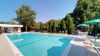 This outdoor pool area offers a well-appointed retreat designed for relaxation and recreation. The centerpiece is a generously sized swimming pool filled with clear, turquoise water, featuring entry steps with handrails for easy access and visible depth markings along the interior walls.

The surrounding pool deck is finished in light-colored concrete, providing ample space for sunbathing and socializing. Numerous green-and-white lounge chairs are arranged along the perimeter, accompanied by multiple large green patio umbrellas that offer shaded areas throughout the day. Additional seating is available at outdoor tables with matching chairs, ideal for casual gathering.

The area is fully enclosed by a black wrought iron fence on one side and a chain-link fence fitted with green privacy slats on the others, ensuring both security and seclusion. Tall, narrow evergreen trees along with mature deciduous trees form a natural green backdrop, enhancing privacy and contributing to a peaceful, park-like atmosphere. The space benefits from abundant natural sunlight, making it a bright and inviting outdoor environment throughout the day.