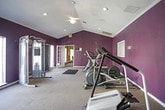 This fitness center is housed in a single-story space distinguished by vaulted ceilings that lend a sense of openness and volume to the workout area. The interior is defined by bold, deep purple walls paired with clean white trim and ceiling, creating an energetic yet focused atmosphere suited to exercise.

The room is generously proportioned, providing ample floor space for a variety of equipment. Cardio machines include treadmills, an elliptical trainer, and a stationary bike, while a multi-station cable strength machine serves users seeking resistance training. Full-length mirrors along one wall enhance the sense of space and allow users to monitor their form during workouts.

Carpeted flooring runs throughout the space, and recessed lighting along with a ceiling fan provide comfortable illumination and airflow. Large windows along one wall admit natural light and offer views of the surrounding exterior, contributing to an open and inviting environment. French doors connect the fitness room to an adjacent interior space. A Coca-Cola vending machine is conveniently positioned near the mirrored wall, adding a practical amenity for users. An emergency exit sign and keypad entry indicate attention to safety and security.