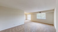 This single-floor residence offers a thoughtfully laid-out interior with a clean, neutral aesthetic throughout. The expansive living area is finished with plush wall-to-wall carpeting and features large windows alongside sliding glass doors that invite abundant natural light and provide views of the surrounding greenery. The open feel of this space makes it highly versatile for a variety of living arrangements.

The kitchen is efficiently designed with light wood cabinetry offering ample storage, dark speckled countertops, a stainless steel sink, and a white gas range with an overhead ventilation hood. The warm tones of the cabinetry create an inviting and practical cooking environment.

The bedrooms continue the carpeted flooring found throughout the living areas, providing a comfortable and quiet retreat. A standout feature is the dual closets in the primary bedroom, each with bifold doors and full-width hanging rods, delivering generous storage capacity. Additional windows in the bedrooms ensure each room is well-lit.

The bathroom is finished with wood-look flooring and includes a white vanity with under-cabinet storage, a wall-mounted mirror, and a toilet — all set within a compact, clean layout. The neutral palette and consistent finishes across the space contribute to a cohesive and move-in ready environment.