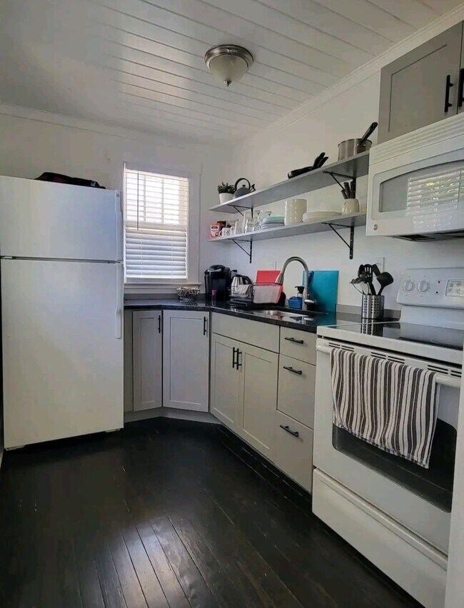 Real wood cabinetry with granite countertops. Open concept shelving. Trash & recycling under sink. - 703 Bay Ave
