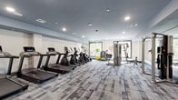 This fitness center is a comprehensively outfitted facility designed to support a full range of workout routines. The space is finished with a contemporary patterned carpet in neutral grey tones, recessed lighting throughout, and a grey accent band along the upper walls that gives the interior a clean, modern aesthetic.

The cardio zone is prominently featured along one wall, housing a row of treadmills, elliptical cross-trainers, and stair climbers — all positioned to face wall-mounted flat-screen televisions for an engaging workout experience. Natural light enters through multiple large windows, offering views of surrounding greenery and keeping the environment bright and airy.

A dedicated strength training area features a multi-station cable and pulley machine, a flat weight bench, and a well-stocked dumbbell rack with weights arranged in ascending order for easy access. Full-length mirrors line the walls of this section, enhancing spatial perception and allowing users to monitor their form during exercises.

A functional training corner rounds out the facility, equipped with stability balls, balance tools, and additional fitness accessories to support stretching, core work, and dynamic training. The overall layout is spacious and thoughtfully organized, ensuring comfortable circulation between equipment zones and accommodating multiple users simultaneously.