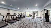 This fitness center is a comprehensively outfitted facility designed to support a full range of workout routines. The space is finished with a contemporary patterned carpet in neutral grey tones, recessed lighting throughout, and a grey accent band along the upper walls that gives the interior a clean, modern aesthetic.

The cardio zone is prominently featured along one wall, housing a row of treadmills, elliptical cross-trainers, and stair climbers — all positioned to face wall-mounted flat-screen televisions for an engaging workout experience. Natural light enters through multiple large windows, offering views of surrounding greenery and keeping the environment bright and airy.

A dedicated strength training area features a multi-station cable and pulley machine, a flat weight bench, and a well-stocked dumbbell rack with weights arranged in ascending order for easy access. Full-length mirrors line the walls of this section, enhancing spatial perception and allowing users to monitor their form during exercises.

A functional training corner rounds out the facility, equipped with stability balls, balance tools, and additional fitness accessories to support stretching, core work, and dynamic training. The overall layout is spacious and thoughtfully organized, ensuring comfortable circulation between equipment zones and accommodating multiple users simultaneously.