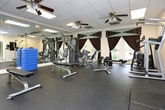 This fitness center is thoughtfully designed to accommodate a full range of workout activities across its single-floor layout. The space is divided into distinct functional zones, each serving a specific training purpose. A dedicated stretching and mat area provides a padded floor surface ideal for warm-ups, cool-downs, and bodyweight exercises, with large glass partitions offering clear sightlines into the adjoining cardio room. The cardio zone is generously outfitted with treadmills, stationary bikes, and additional aerobic machines, and benefits from direct access to an outdoor area through glass-paneled doors, filling the room with natural light. The strength training area features an extensive dumbbell rack, medicine balls, exercise balls, cable machines, and benches, all set against expansive floor-to-ceiling mirrors that enhance the sense of space and allow for proper form monitoring. A separate section houses a rowing machine, resistance equipment, and a stair climber, framed by large windows dressed with elegant dark curtains and decorative valances, adding a refined aesthetic touch. Throughout the facility, ceiling fans and recessed lighting panels maintain a comfortable and well-lit environment, ensuring a functional and inviting atmosphere for all fitness levels.