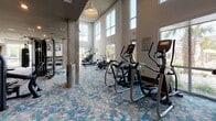 Located at 3000 Cypress Lake Rd in North Charleston, SC, this well-appointed fitness center offers a spacious, single-floor layout designed to support a full range of workout routines. The facility is characterized by soaring double-height ceilings and an expansive wall of large windows that flood the space with natural light while providing views of the surrounding outdoor landscape, including palm trees that hint at the South Carolina climate.

The flooring throughout features a distinctive patterned carpet in shades of blue, teal, and gray, lending a modern and energetic aesthetic to the space. Structural columns clad in a wood-grain finish add a warm, contemporary touch against the crisp white walls.

The cardio zone is well-equipped with multiple elliptical trainers, stair climbers, and additional aerobic machines arranged to maximize both space and natural light exposure. The strength training area includes a variety of cable machines, a functional trainer, a dedicated free weights section with a full dumbbell rack, barbells, weight benches, and a kettlebell rack. A wall-mounted television serves the functional training area, and large mirrors throughout enhance the sense of space.

A beverage cooler stocked with chilled towels adds a premium amenity touch near the entrance. Overhead ceiling fans and recessed lighting ensure a comfortable environment, while pendant lights accentuate the soaring ceiling. The facility is well-ventilated and thoughtfully laid out for an elevated fitness experience.