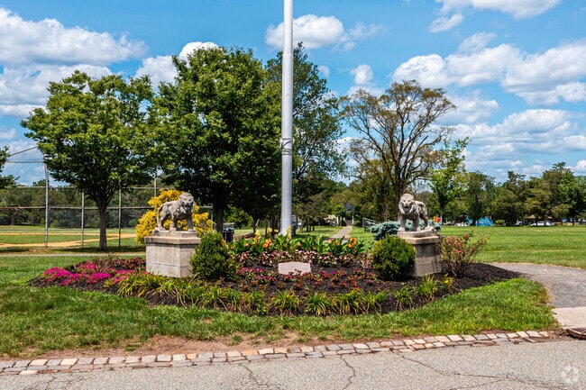 The double lions greet visitors at the entrance of Buccleuch Park in New Brunswick, NJ.