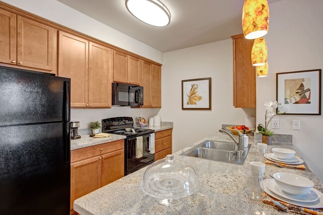 A kitchen with a deep double sink, lots of pantry space, and stone countertops - Solara