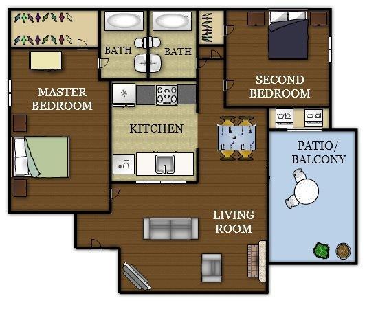 Floor Plan - 2BR, 2BA - 899SF - Windwood Apartments
