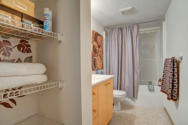 A bathroom with shower, tub, and mirror over the sink - Windsor Terrace