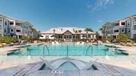 Located at 201 Sawyer Circle in Charleston, SC, this outdoor amenity space delivers a resort-style experience designed for relaxation and community gathering. The centerpiece is a generously sized swimming pool with crystal-clear blue water, complete with in-pool lounge chairs and entry steps, offering a leisurely retreat under the South Carolina sun.

Surrounding the pool, an expansive concrete sundeck is outfitted with modern sling-style chaise lounges and vibrant yellow accent stools, providing ample space for sunbathing and socializing. Navy blue market umbrellas are positioned throughout the deck, offering shaded seating areas alongside comfortable outdoor furniture groupings.

A standout feature of the space is the covered open-air pavilion, characterized by a vaulted wood-paneled ceiling, exposed timber beams, brick knee walls, and wall-mounted lighting. The pavilion houses a large flat-screen television and multiple seating arrangements, making it an ideal venue for outdoor entertainment.

Mature palm trees and carefully maintained landscaping frame the entire area, contributing to a tropical, welcoming ambiance. The surrounding multi-story residential buildings, finished in a classic coastal blue-grey palette with balconies and white trim, create an attractive and cohesive backdrop. The space benefits from abundant natural light and open sky views, reinforcing its resort-inspired character.