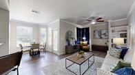 Located at 4600 Bellaire Drive South in Fort Worth, TX, this one-bedroom, one-bathroom residence offers a well-organized layout across a single floor. The welcoming entrance opens into a hallway adorned with wood-style flooring that flows throughout the main living areas. The combined living and dining room is a highlight of the unit, featuring crown molding, decorative columns, a ceiling fan, and built-in shelving. Large windows in the dining area flood the space with natural light and offer views of the surrounding greenery, creating a bright and airy atmosphere. The kitchen is equipped with rich dark cabinetry, granite-style countertops, a classic subway tile backsplash, and stainless steel appliances, providing both style and functionality. The spacious primary bedroom is finished with plush carpet and crown molding, offering a comfortable retreat. The bathroom features dark wood vanity cabinetry, a granite-topped sink, a Hollywood-style light bar, and a tub-shower combination. Additional conveniences include a dedicated laundry area, three closets for ample storage, and a private entrance. The cohesive neutral palette and quality finishes throughout lend the space a polished and inviting character.