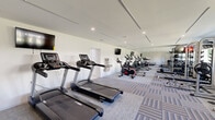 This fitness center in Pikesville, MD offers a thoughtfully designed workout space across a single open floor. The room features a clean, modern aesthetic with crisp white walls, recessed lighting, and a patterned multi-tone carpet that adds visual interest while providing a comfortable exercise surface. A large wall-to-ceiling mirror spans one side of the room, creating a sense of expanded depth and allowing users to monitor their form during workouts.

The cardio zone is well-represented with multiple Spirit treadmills and a row of upright stationary bikes and elliptical trainers lined along the mirrored wall, each equipped with individual monitors. Strength training options include a well-stocked free weights area with a tiered rack holding kettlebells, medicine balls, and exercise balls in varying sizes, along with a multi-function cable and weight machine. A rowing machine and additional functional training equipment round out the facility's offerings.

A wall-mounted water fountain with a bottle-filling station is conveniently accessible within the space. Natural light filters in through a window on one end, complementing the recessed overhead lighting. A dedicated entrance door provides direct access, and the overall layout ensures ample open floor space for stretching or floor exercises, making this fitness center a comprehensive and functional facility.