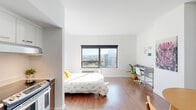 Located at 1061 NE Ninth Ave in Portland, Oregon, this efficiently designed studio offers a thoughtful single-floor layout that maximizes every square foot. The open-concept main area seamlessly combines living, dining, and sleeping zones, all finished with warm hardwood flooring and crisp white walls that create a clean, contemporary aesthetic. A standout large picture window fills the space with natural light and frames impressive panoramic views of the Portland skyline and surrounding cityscape, serving as a striking focal point of the room.

The galley-style kitchen is well-appointed with stainless steel appliances, including a full-size range, dishwasher, and refrigerator. Cabinetry features a two-tone design combining white upper cabinets with rich wood-finish lower cabinets, complemented by light countertops and a stainless steel sink.

The bathroom is finished with tile flooring, a dark wood vanity with a white countertop, a large mirror, and a full soaking tub with shower. A dedicated closet and in-unit laundry area add practical convenience to the layout. Recessed lighting throughout maintains a bright, modern ambiance, making this studio a functional and stylish urban residence in the heart of Portland.