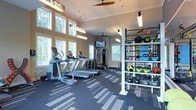 This single-floor fitness center is thoughtfully designed to support a comprehensive workout experience. The space is characterized by soaring ceilings that lend an open, airy feel, complemented by large windows fitted with blinds that line the walls, allowing an abundance of natural light and views of the surrounding greenery to filter throughout the room.

The flooring features a patterned, dark-toned carpet that defines the workout areas while providing comfort and traction underfoot. Overhead, a combination of ceiling fans and modern pendant light fixtures ensures proper ventilation and ambient lighting throughout the space.

The cardio zone is well-appointed with a row of treadmills and elliptical machines, each equipped with personal display screens. A wall-mounted flat-screen television is positioned for easy viewing during workouts. Adjacent to the cardio area, a dedicated free weights section offers a full rack of dumbbells in varying sizes, alongside a multi-use cable machine for strength training.

A sturdy metal shelving rack near the entrance provides organized storage for a diverse selection of kettlebells, medicine balls, and other functional training accessories in a range of weights and colors. The overall ambiance is clean, modern, and energizing — a functional and inviting environment well-suited for a full-body fitness routine.