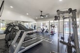 Located at 18150 Prairie Ave in Torrance, California, this fitness center offers a comprehensive exercise environment within a thoughtfully designed single-floor layout. The space features durable rubber flooring throughout, complemented by crisp white walls and recessed lighting that create a clean, energizing atmosphere. A ceiling fan promotes air circulation, keeping the environment comfortable during workouts.

The facility is well-stocked with a diverse range of equipment, including treadmills, elliptical trainers, a recumbent bike, an upright stationary bike, and a dual-cable strength training machine. A dumbbell rack along the wall provides additional free weight options. Agility ladder markings painted on the floor designate a dedicated functional training zone.

Large wall-mounted mirrors amplify the sense of space and allow users to monitor their form, while a wall-mounted flat-screen television adds an entertainment option for cardio sessions. Ample natural light floods the room through multiple sliding glass doors and windows, which also provide direct outdoor access to a swimming pool and surrounding patio area — a notable amenity that seamlessly connects indoor fitness with outdoor recreation. A built-in shelving unit near the entrance offers convenient storage. Overall, the space delivers a bright, functional, and inviting environment suited for a wide range of fitness activities.