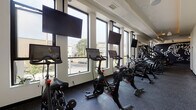 Located at 469 Literary Rd in Cleveland's Ohio City neighborhood, this well-appointed fitness center delivers a comprehensive workout experience across a single open floor plan. The space is divided into distinct training zones, each thoughtfully equipped to support a wide range of fitness activities.

The cardio zone runs along a wall of large, floor-to-ceiling windows that flood the space with natural light and offer open views of the surrounding neighborhood. This area features a row of Peloton spin bikes with individual touchscreen displays, elliptical machines, rowing ergometers, and treadmills, each paired with ceiling-mounted flat-screen TVs for entertainment during workouts.

The strength and functional training area is anchored by a full rack of hex dumbbells and kettlebells in graduated weights, a foam roller, resistance bands, and a digital interval timer clock mounted on the wall. TRX suspension trainers, plyo boxes, a weight bench, and additional resistance accessories round out the functional fitness offerings.

The space features a striking black-and-white striped accent wall with a bold tiger mural and motivational script, adding energy and character to the interior. Rubber flooring throughout provides durability and safety, while recessed and pendant lighting complement the natural light. Wall-mounted mirrors expand the visual depth of the training area, contributing to an open and professional gym atmosphere.