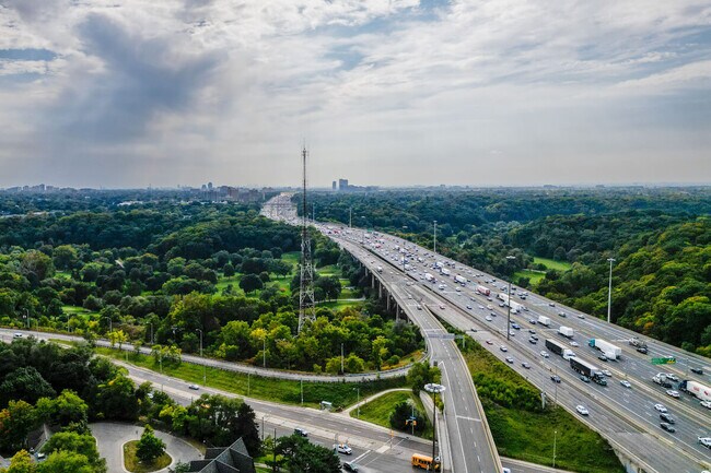 Aerial views of high-rise residential buildings near the 401 expressway and Yonge Street in Toronto.