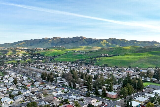 An aerial view of residential neighborhoods in Milpitas with mountains in the background.