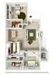 This 880 square foot apartment in Charlotte, NC offers a thoughtfully designed living space with two bedrooms and two bathrooms. The interior showcases a cohesive color scheme, with neutral walls accented by pops of deep blue throughout. The primary bedroom, measuring 160 square feet, features a plush blue upholstered bed frame and ample natural light from a large window. Both bathrooms are updated with granite countertops, wood cabinetry, and modern fixtures. The open-concept living area includes a fireplace and access to an outdoor space through French doors. The dining area is defined by a striking blue accent wall and a round marble table with velvet chairs. The kitchen, while compact, offers full-sized appliances and wood cabinetry. Hardwood floors in the main living areas contrast with plush carpeting in the bedrooms. The unit also includes an in-unit laundry room for added convenience. Throughout the space, carefully chosen artwork and decor elements enhance the modern, stylish ambiance of this efficiently designed apartment.
