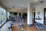 This fitness studio offers a thoughtfully designed workout environment centered around an expansive cycling room. The space is outfitted with a full fleet of stationary spin bikes arranged across warm hardwood-style flooring, providing ample room for group classes or individual sessions. Floor-to-ceiling mirrors line one wall, enhancing the sense of openness and allowing exercisers to monitor their form throughout their workout. Structural columns are seamlessly integrated into the layout without disrupting the flow of the space. The ceiling features a combination of ceiling fans with built-in lighting and track lighting mounted on rails, ensuring the room stays well-lit and comfortable during intense sessions. An accent wall clad in natural stone or brick adds a striking industrial touch, creating visual contrast against the clean white walls and modern finishes. A flat-screen television is mounted on the mirrored wall, ideal for class instruction or entertainment. The overall ambiance strikes a balance between contemporary design and functional athleticism, making this studio a motivating environment well-suited for cycling enthusiasts and fitness-focused communities alike.