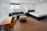 This thoughtfully designed studio unit at 81 Duke Street in Hamilton's downtown core makes efficient use of its compact footprint across a single floor. The open-concept living area features warm hardwood-style flooring, recessed pot lighting, and a wall-mounted ductless air conditioning unit, creating a comfortable and contemporary atmosphere. A corner window arrangement floods the living space with natural light while offering views of the surrounding neighbourhood streetscape and green spaces, making the room feel notably airy despite its size.

The kitchen is a standout feature, showcasing two-tone cabinetry with bold navy lower cabinets and warm wood-grain upper cabinets, complemented by gold hardware, white subway tile backsplash, white quartz countertops, and stainless steel appliances including a full-size refrigerator and dishwasher. The bathroom continues the modern aesthetic with textured white wall tiles, dark marble-style floor tiles, a frameless glass shower enclosure, and matte black fixtures. The sleeping area is defined by light-toned walls and hardwood flooring, with a bold navy entry door adding a striking design accent. This unit combines clean lines with quality finishes throughout.