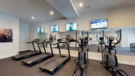 Located at 5793 Hoover Falls Dr in Westerville, Ohio, this fitness center offers a well-equipped, single-floor exercise facility designed to support an active lifestyle. The cardio area is lined with a row of modern treadmills and elliptical machines, each positioned in front of large, wall-mounted flat-screen televisions, allowing members to stay entertained during their workouts. Full-length mirrors span the length of the main workout wall, visually expanding the space and providing users with proper form feedback during exercise. The room features a neutral color palette with light gray walls and white trim, contributing to a clean and motivating atmosphere. Recessed lighting throughout the ceiling ensures the space is consistently bright and well-illuminated. The low-pile carpet flooring provides a practical and comfortable surface suited for fitness use. The overall design is functional yet polished, reflecting a commitment to providing residents with a quality fitness experience. The space is thoughtfully arranged to maximize usability while maintaining an open, uncluttered feel.