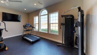 This dedicated home fitness space is thoughtfully designed to support a comprehensive workout routine. The room features durable dark rubber flooring throughout, providing both protection and traction during exercise. Recessed lighting illuminates the space evenly, while a ceiling fan ensures proper air circulation during intense workouts. A wall-mounted television adds an entertainment option for training sessions.

Natural light flows in through several windows, including a striking arched accent window that adds an architectural touch to the space. The neutral, warm-toned walls create a clean and focused environment. The room is generously proportioned, offering ample floor space to accommodate a wide variety of equipment without feeling crowded.

The gym is outfitted with an impressive selection of fitness equipment, including a treadmill, a MAX elliptical trainer, a rowing machine, and a multi-function cable machine by Inspire. Strength training is well-supported with a dumbbell rack, an adjustable workout bench, kettlebells, and exercise balls. The layout is organized to allow for smooth movement between stations, making the space both functional and efficient for full-body training. A dedicated doorway provides convenient access, completing this well-appointed private fitness room.