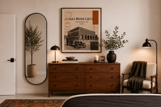 Modern bedroom with wood dresser and artwork at Cole Motor Apartments, Indiana - Cole Motor