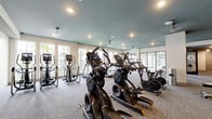Located at 7950 Park Blvd N in Pinellas Park, Florida, this expansive fitness center spans a single floor and offers a comprehensive workout environment designed to accommodate a wide range of exercise disciplines. The space is distinguished by its teal-painted tray ceilings, recessed lighting, and ceiling fans throughout, creating a polished yet energetic ambiance.

The main floor is organized into several distinct workout zones. A generously sized cardio area lines one side of the facility, outfitted with a full row of treadmills positioned beside large windows that invite natural light and outdoor views. Nearby, ellipticals and stair climbers provide additional cardiovascular options. A dedicated strength training zone houses a robust selection of Matrix selectorized machines, cable systems, free weights, and multi-station racks, complemented by mirrors and a "GYM" typographic accent wall.

A functional training area features a tall, brightly colored multi-purpose rig stocked with kettlebells, medicine balls, and resistance tools, alongside a built-in climbing wall that serves as a standout architectural feature. An adjoining studio room with light wood-look flooring, a glass garage-style door opening to outdoor views, and mirror paneling provides open space for yoga, stretching, or group fitness. Durable patterned carpet covers the primary workout areas, tying the space together with a modern aesthetic.