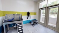 This single-floor pet grooming space is thoughtfully designed to accommodate the needs of both pets and their owners. The room features a striking tri-band tile treatment along the walls, with bold yellow and turquoise tiles flanking a row of classic white subway tiles, adding a clean yet lively aesthetic throughout the space.

The grooming area is equipped with a stainless steel elevated wash tub, complete with a non-slip access ramp for easy pet entry, a coiled hose with spray attachment, and plumbing fixtures mounted directly to the tiled wall. A wall-mounted professional-grade pet dryer with a flexible hose is centrally positioned for convenient use. An adjustable-height stainless steel grooming table sits nearby, providing a dedicated workspace for post-bath care.

Large glass doors and oversized windows along one wall flood the space with natural light and offer views of an outdoor area, enhancing the open, airy feel of the room. The large-format light grey floor tiles are easy to clean and contribute to the space's hygienic, functional design. A connecting doorway leads to an adjacent utility area, adding to the overall practicality of the facility.