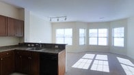 This single-floor space features an open-concept layout that seamlessly connects the kitchen and living areas. The kitchen is equipped with dark granite countertops, a double-basin sink, dark cabinetry, and a built-in dishwasher. A peninsula-style counter defines the boundary between the kitchen and the living space, creating a functional division while maintaining an open feel. Track lighting installed on the ceiling provides additional illumination over the kitchen area.

The living area is carpeted and benefits from an abundance of natural light, courtesy of multiple large windows fitted with horizontal blinds. The windows line two walls, allowing sunlight to pour in and creating bright, sunlit patterns across the floor. The neutral, cream-colored walls complement the light and airy ambiance of the space.

The ceilings are a standard height, contributing to the clean, understated aesthetic of the interior. The open layout and generous window placement make the space feel welcoming and functional, offering a comfortable environment suited for everyday living. Overall, the design balances practicality with a bright, neutral aesthetic.