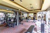 This fitness center is housed in a single-level space designed to support a comprehensive workout experience. The room features a distinctive tray ceiling with warm yellow upper walls and contrasting gray-blue lower walls, all framed by rich wood crown molding that lends a polished, upscale character to the space. Recessed lighting and a ceiling fan with an integrated clock ensure both comfort and functionality throughout the room.

Natural light floods the interior through multiple large windows on all walls, offering views of mature trees and surrounding landscaping, creating an open and inviting atmosphere. The floor is covered in durable, patterned carpet in deep red and burgundy tones suited for high-traffic exercise use.

The cardio section is well-appointed with multiple treadmills and stationary bikes, including upright and recumbent models by Precor. Strength training options include a multi-station cable machine and a dedicated free weight area featuring a full rack of dumbbells in varying sizes, along with adjustable benches for a range of exercises. Wall-mounted mirrors along one side visually expand the space and assist users in monitoring form.

A wall-mounted flat-screen television is positioned for viewing from the cardio equipment. Safety mirrors are installed at corners, and a sanitation station is available near the entrance, reflecting thoughtful attention to user experience.